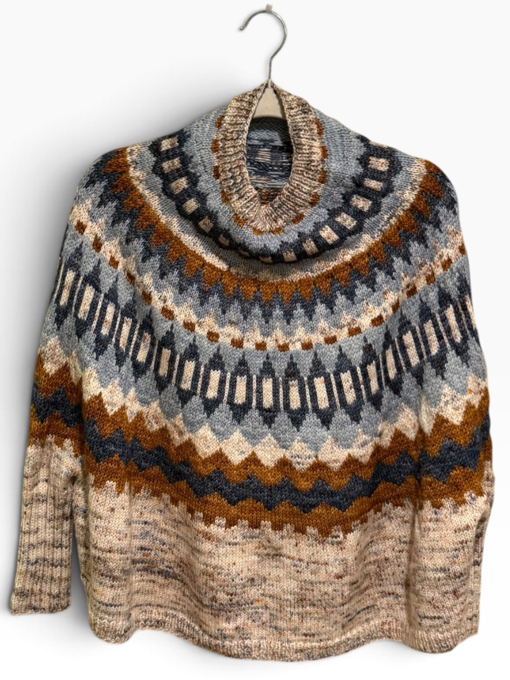 Fair Isle Cowl Neck Batwing Nordic Yoke Sweater Oatmeal (measurements below)